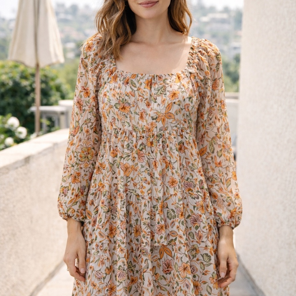Pink Lily Floral Long Sleeve Dress in Orange and Cream